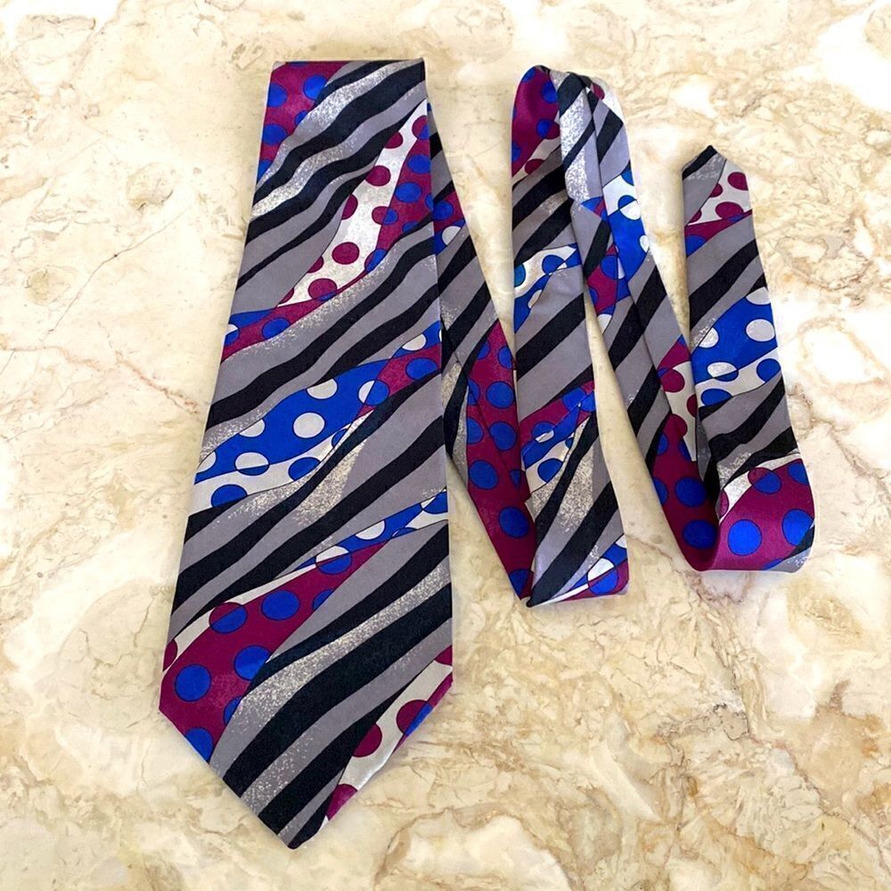 Vintage Pierre Cardin 100% Silk Tie Multi-Colour Stripes & Polka Dots